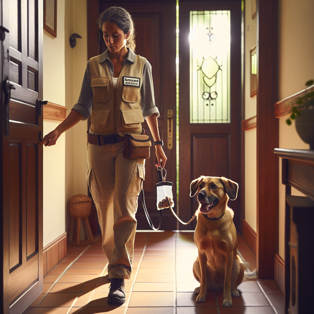 UK trainer guiding a dog to wait calmly at an open front door with loose lead and treats