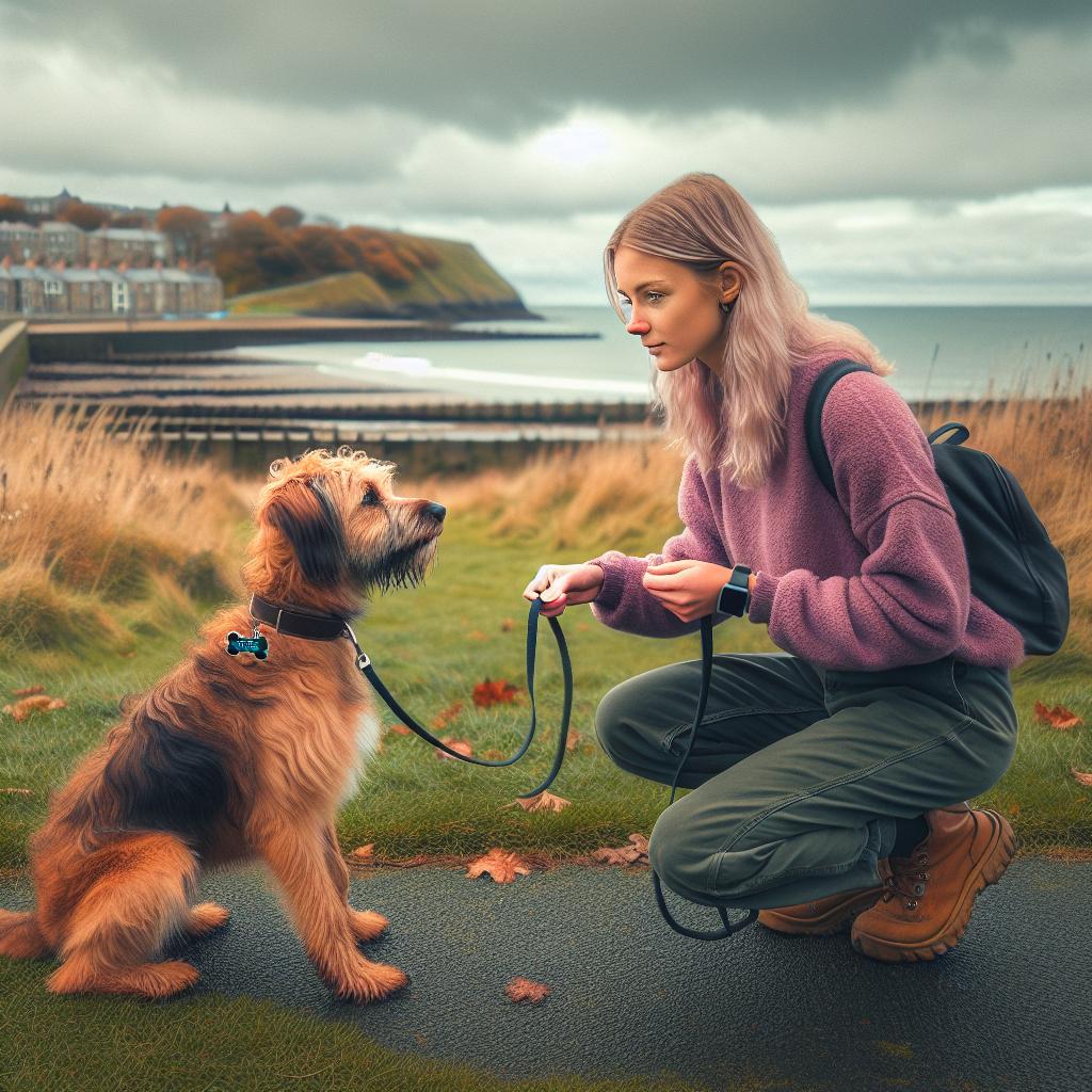 Trainer practising loose lead and recall with a mixed-breed dog in a coastal Workington park