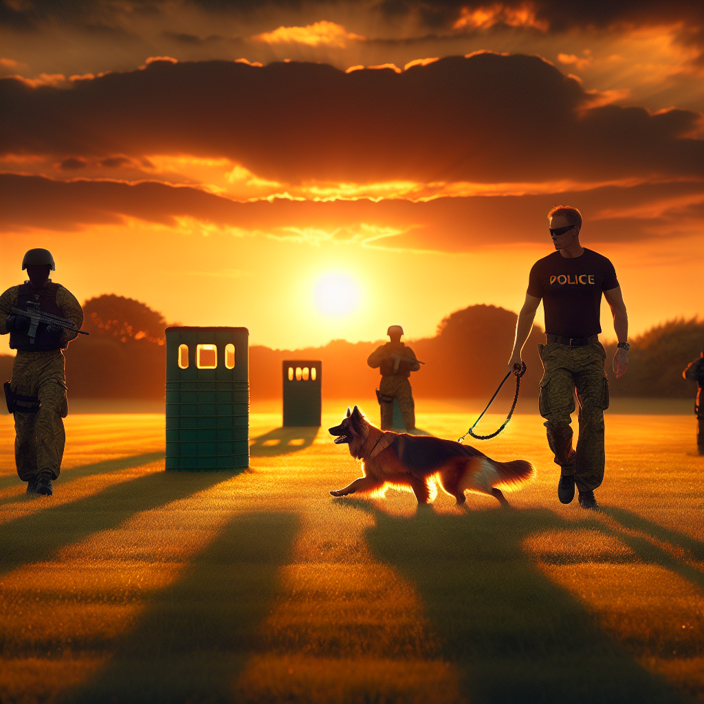 Dog, handler, and decoy training around moving blinds on a UK field at sunset