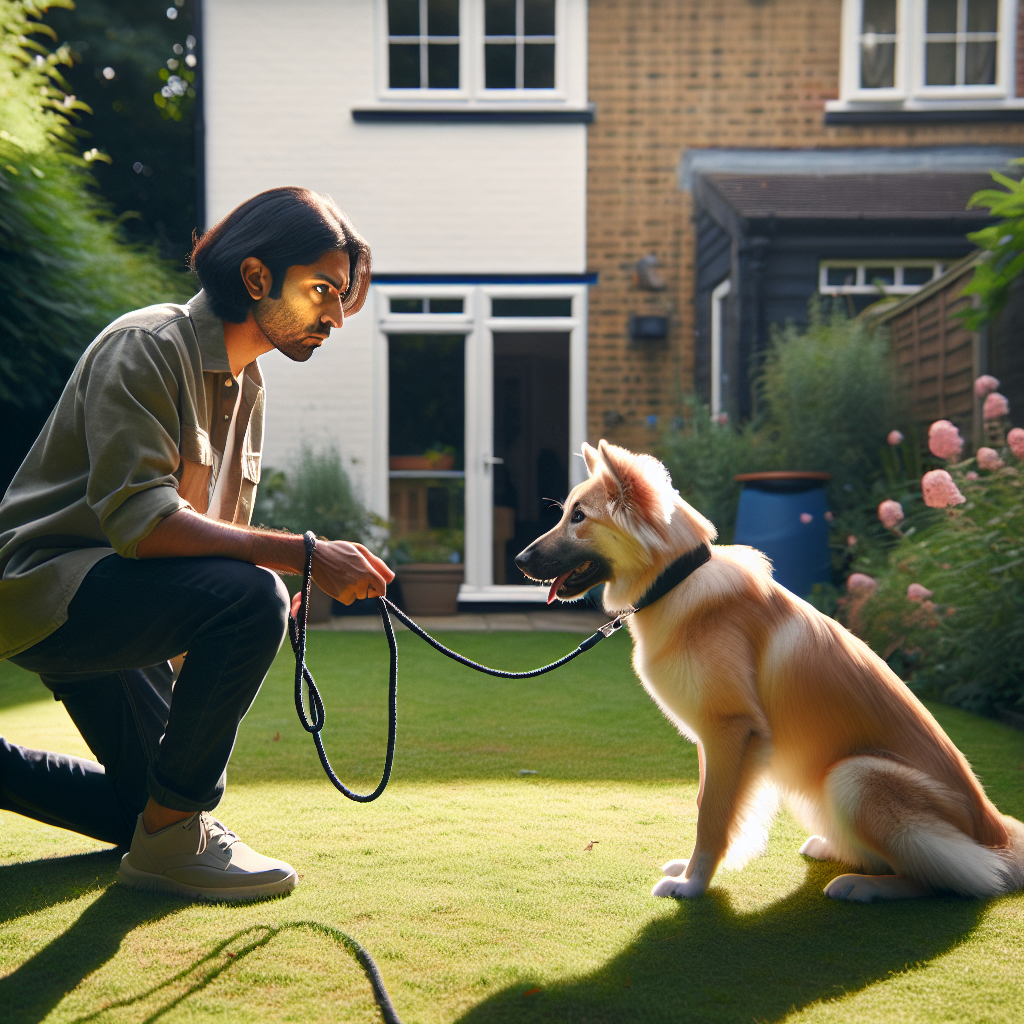 Smart trainer coaching a high-drive dog to settle on place, then release into structured tug in a UK garden