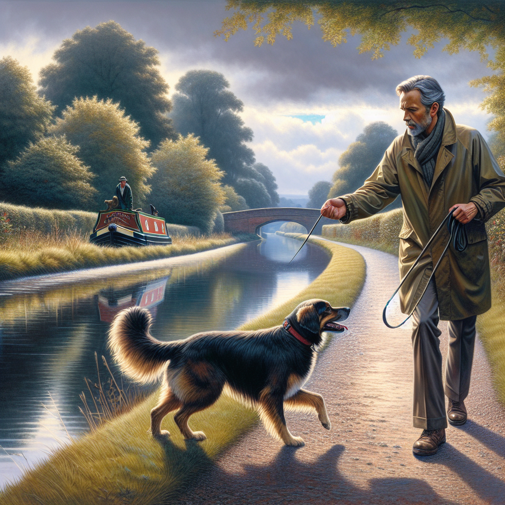 Smart trainer practising loose lead and recall with a mixed-breed dog on a UK canal-side path