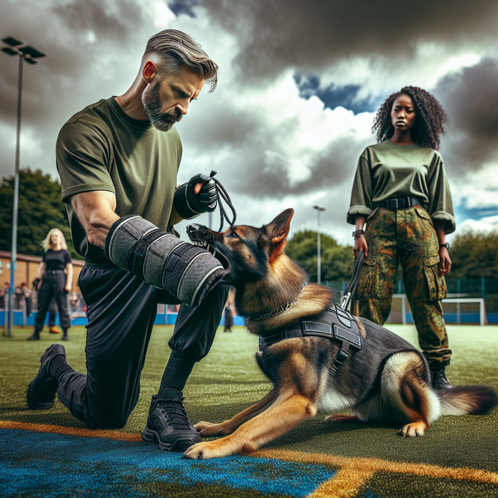 Helper steps with bite sleeve while a focused shepherd maintains a full grip during protection training in the UK