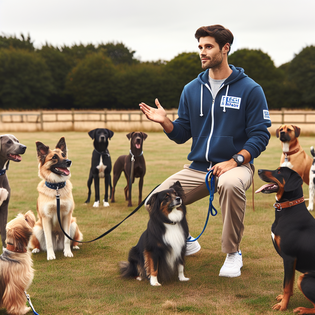 UK trainer guiding a Collie, Labrador, Terrier, and Hound through recall, place, and heel in an outdoor field