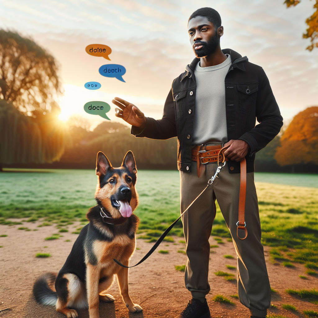 UK trainer guiding a shepherd mix using calm voice tones during obedience practice in a park