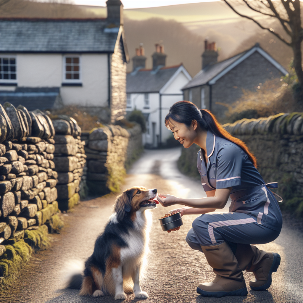 Trainer practising loose lead walking and recall with a dog on a Dartmoor lane near Moretonhampstead
