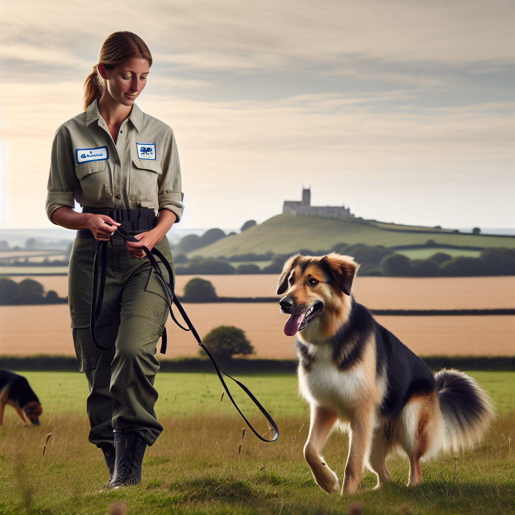 Trainer working recall and loose lead walking with a focused dog in a green space near Tidworth