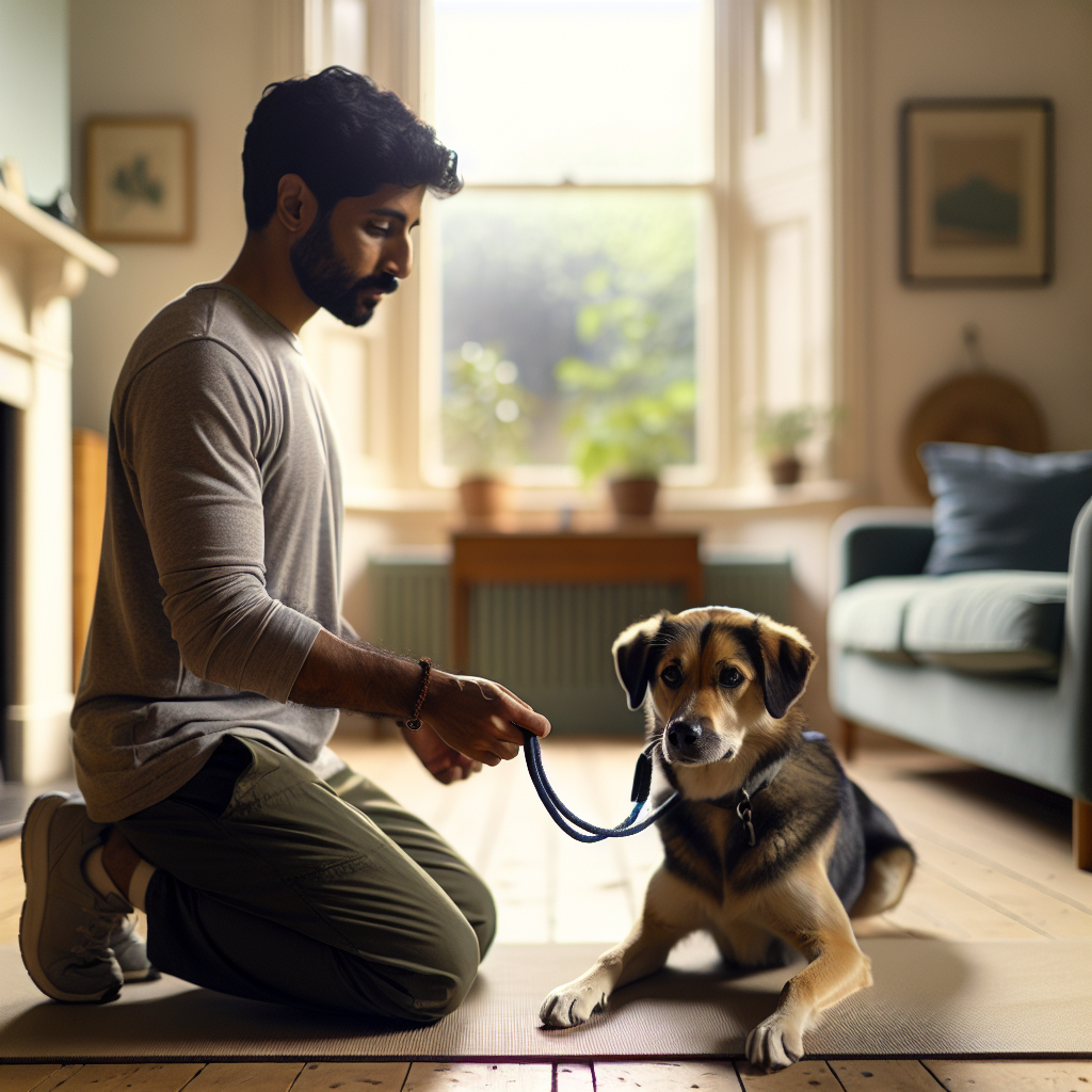 UK dog trainer helping an excited dog settle on a mat indoors with calm guidance