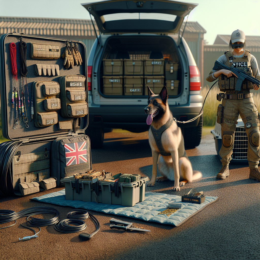 IGP handler setting up an organised training layout with vest, field bag, crate, and lines while a working dog waits calmly