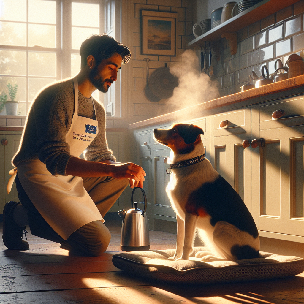 UK trainer guiding a mixed breed dog onto a place bed during a short morning session in a family kitchen