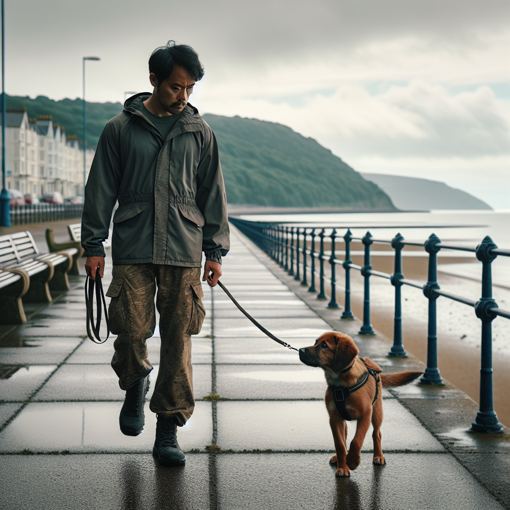 Trainer practising loose lead walking with a mixed-breed dog on a Bangor coastal path