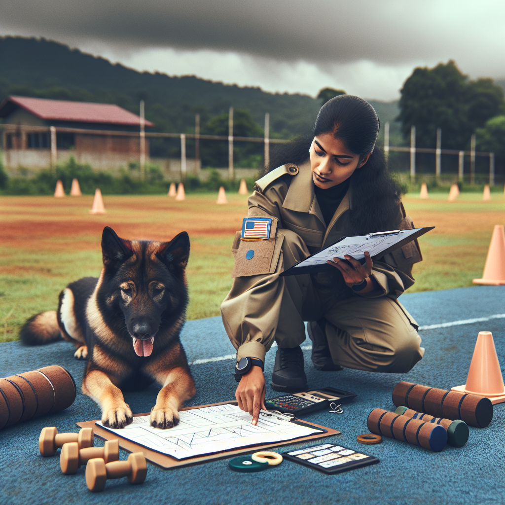 IGP handler reviewing planning templates with a working dog at a UK training field
