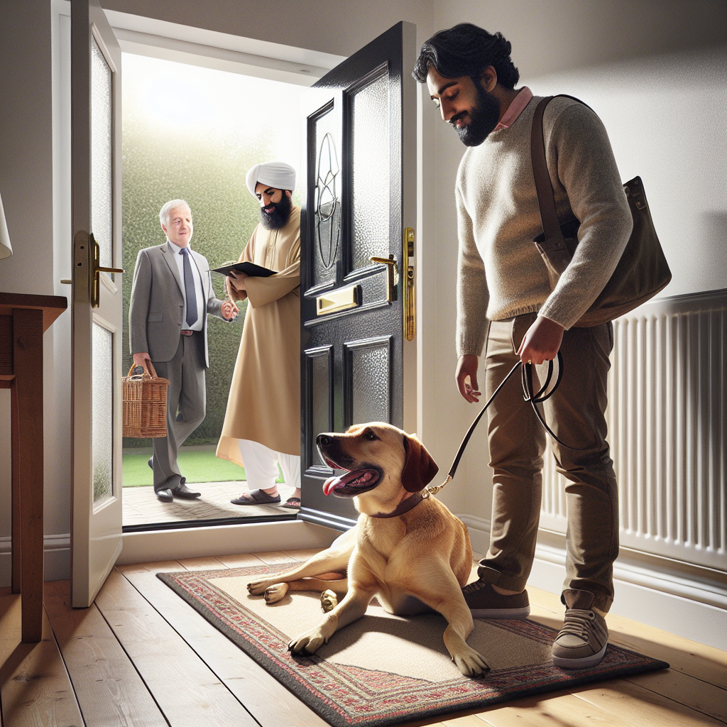 Dog relaxing on a mat by the front door while a guest enters, guided by a trainer with a loose lead