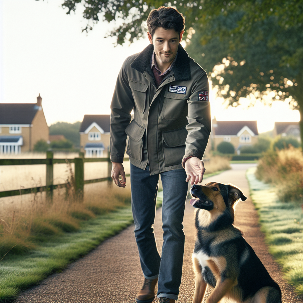 UK trainer rewarding a focused mixed-breed dog during heel and place work on a quiet path near homes and fields