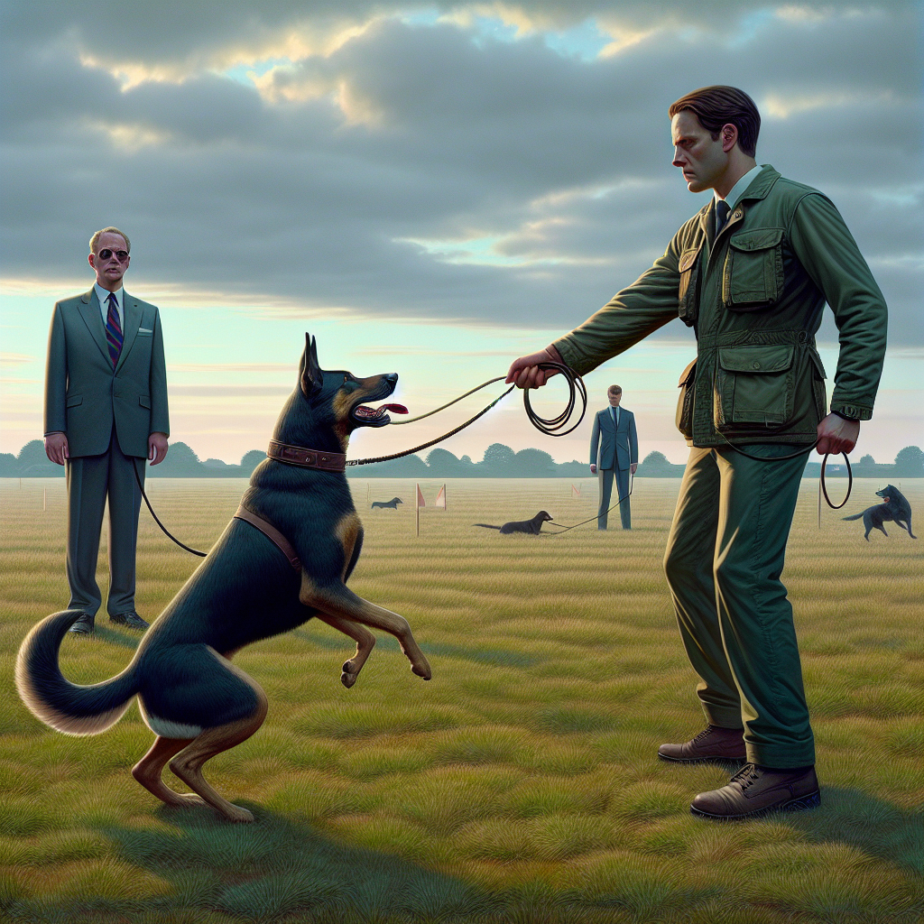 Handler manages a working dog while a UK decoy presents a neutral cue on a grass field