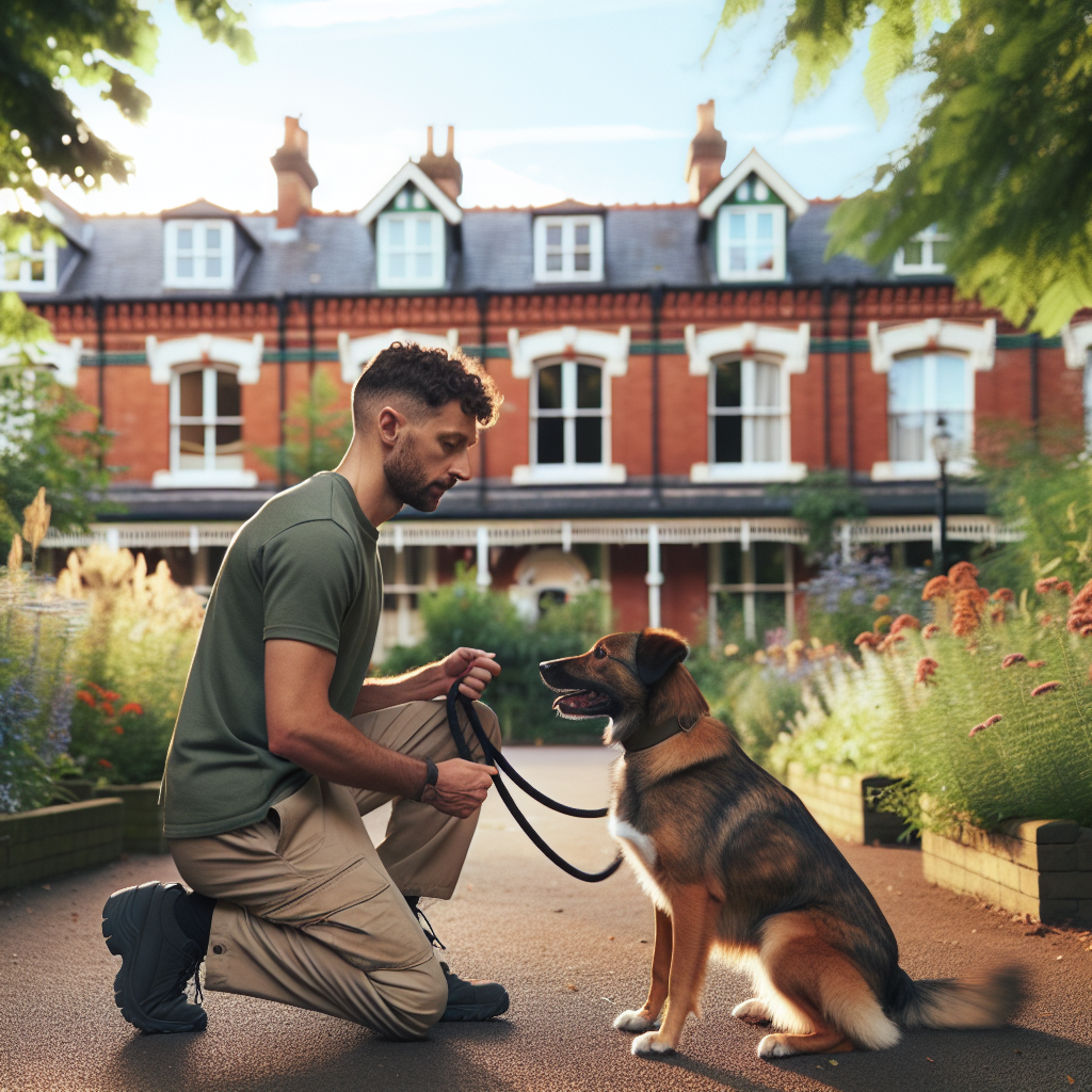 Trainer teaching loose lead walking to a mixed-breed dog in a leafy Nuneaton park