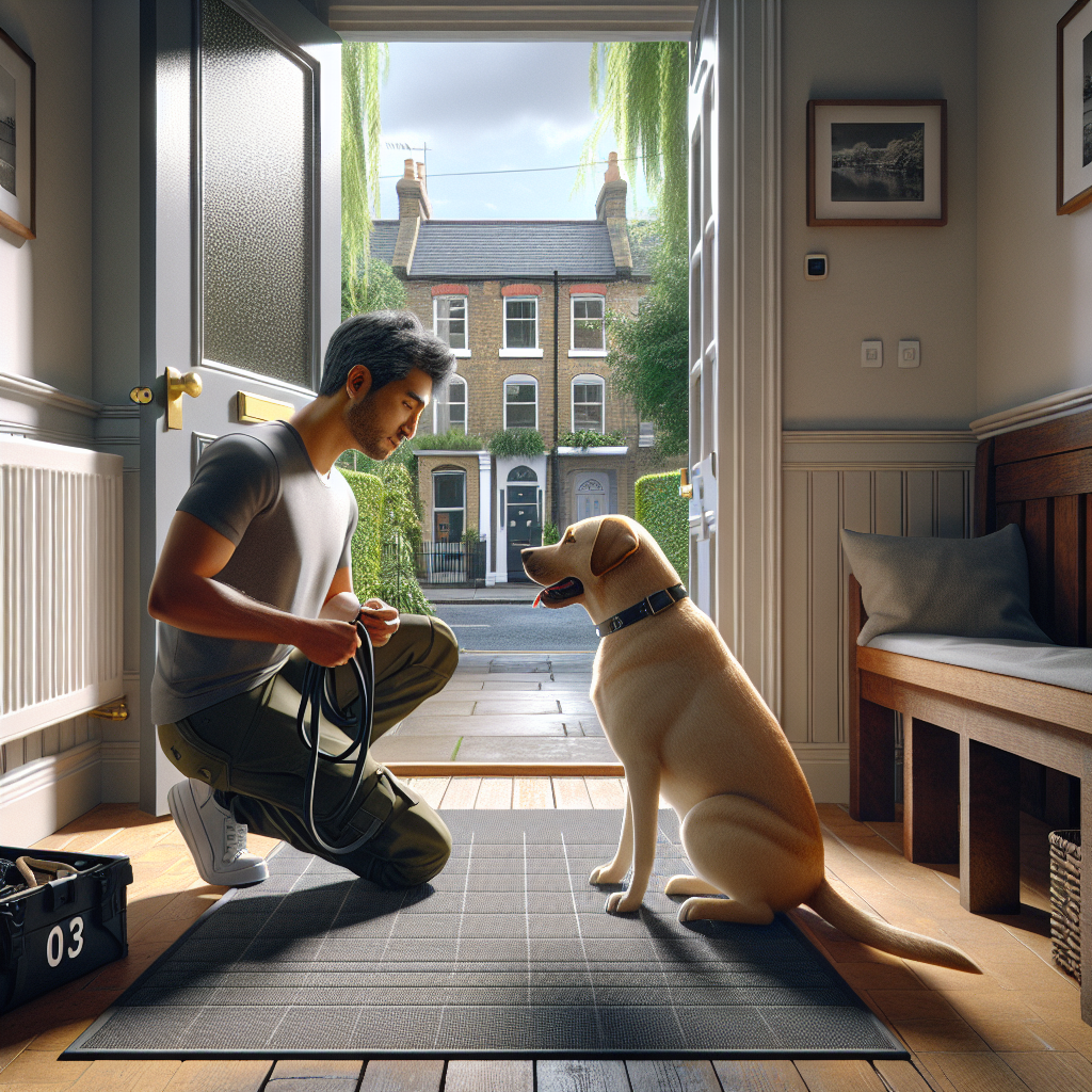 Trainer guiding a Labrador to hold place calmly before a walk in a UK home entryway