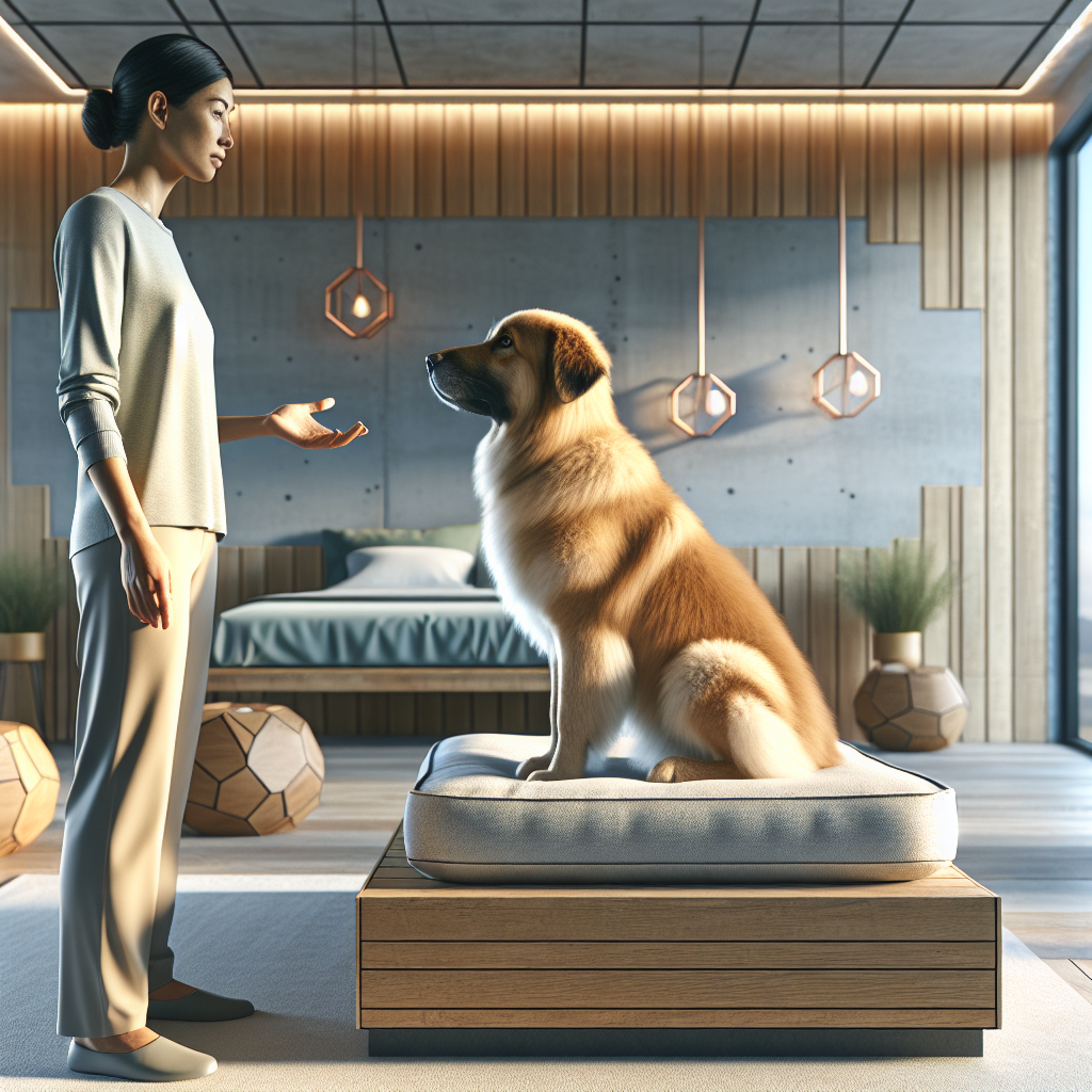 Dog waiting calmly on a bed while a UK trainer rewards quiet attention in a modern home