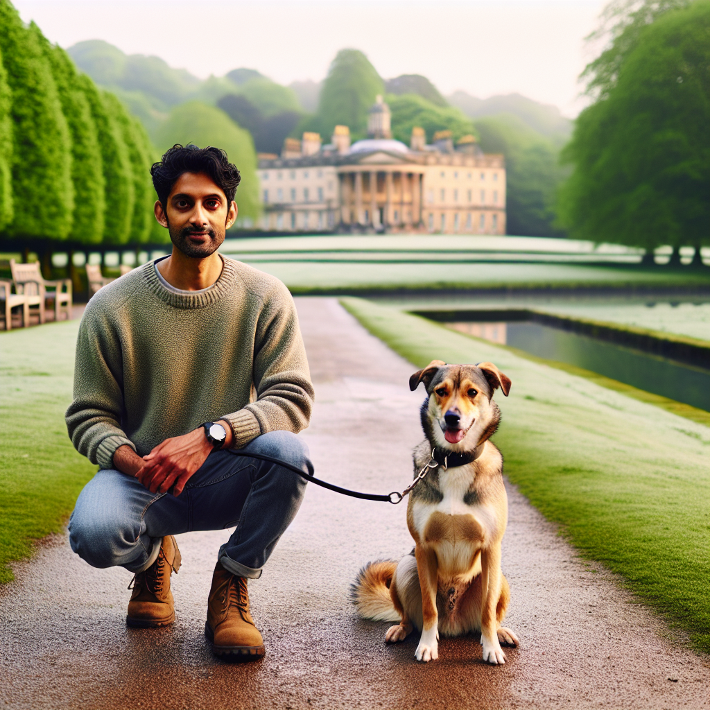 Smart trainer practising loose lead walking and a sit with a dog in a riverside park in a Regency UK town