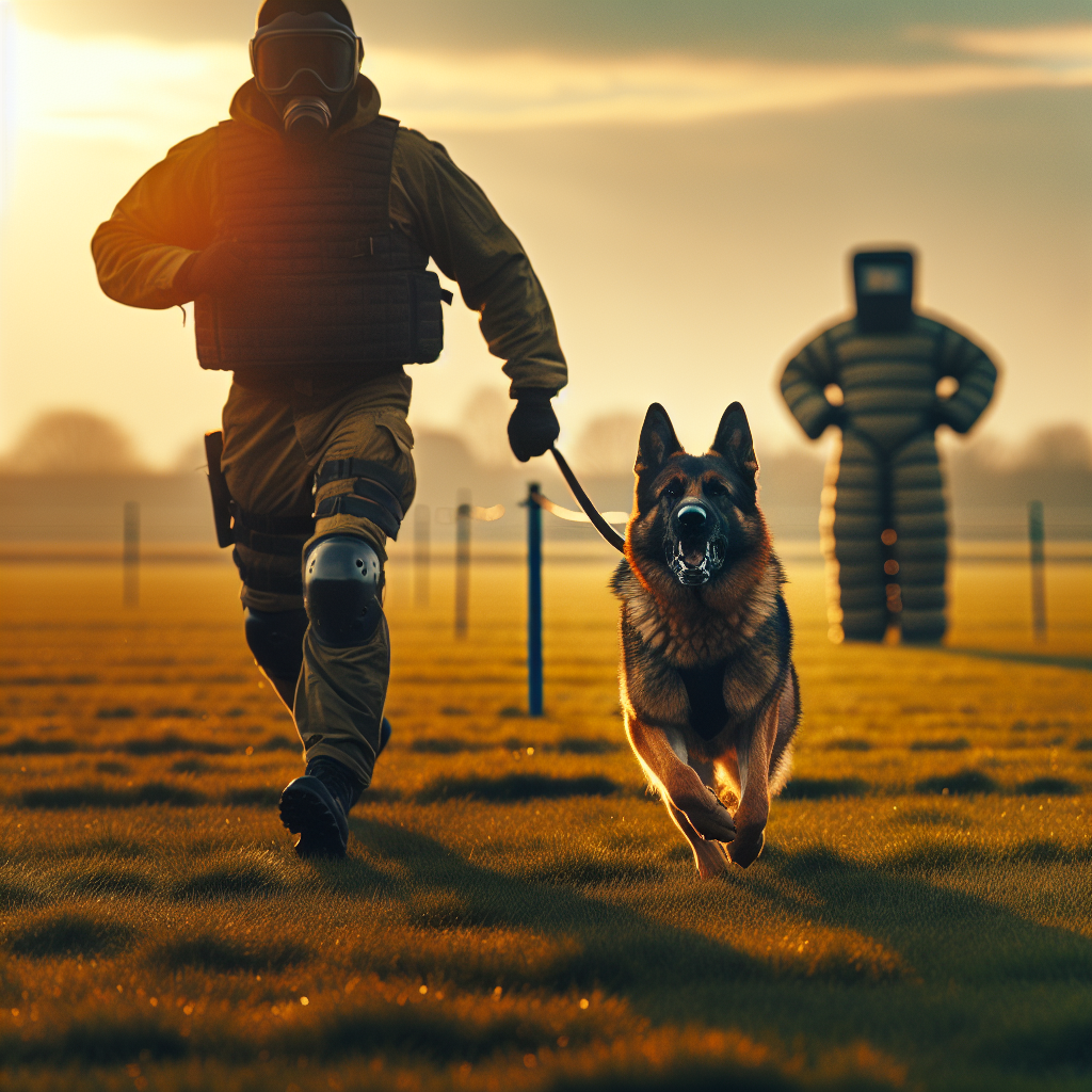 Handler and German Shepherd preparing a clean long attack send on a UK training field
