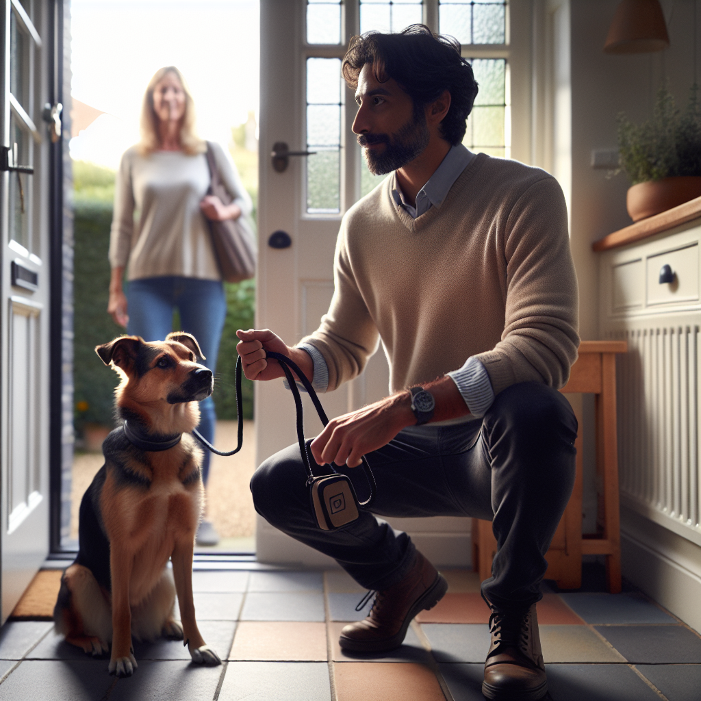 Calm family dog sitting politely beside a trainer as a guest approaches the front door