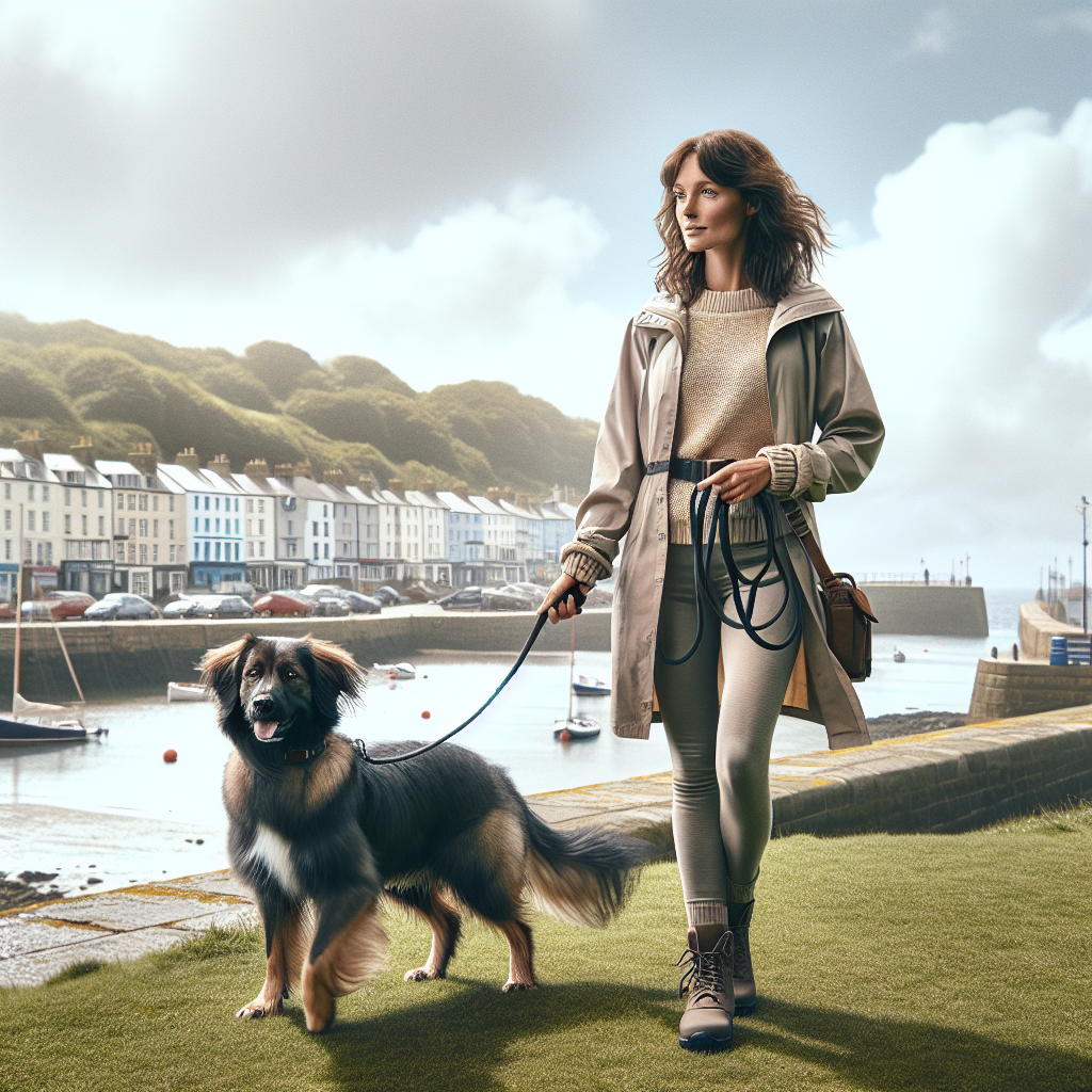 Trainer practising loose lead walking with a mixed breed dog near a UK coastal harbourside