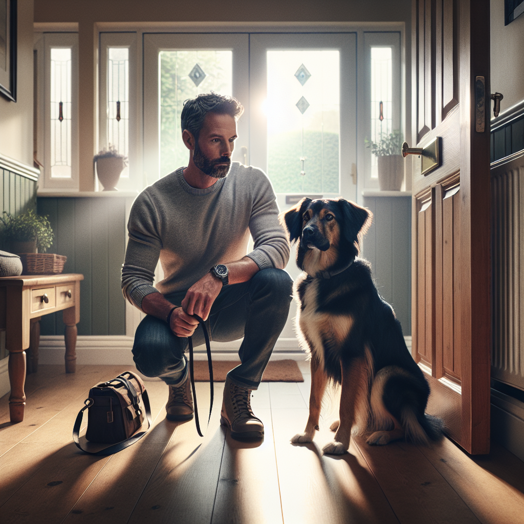 Trainer waiting for a calm dog before opening the front door in a UK home