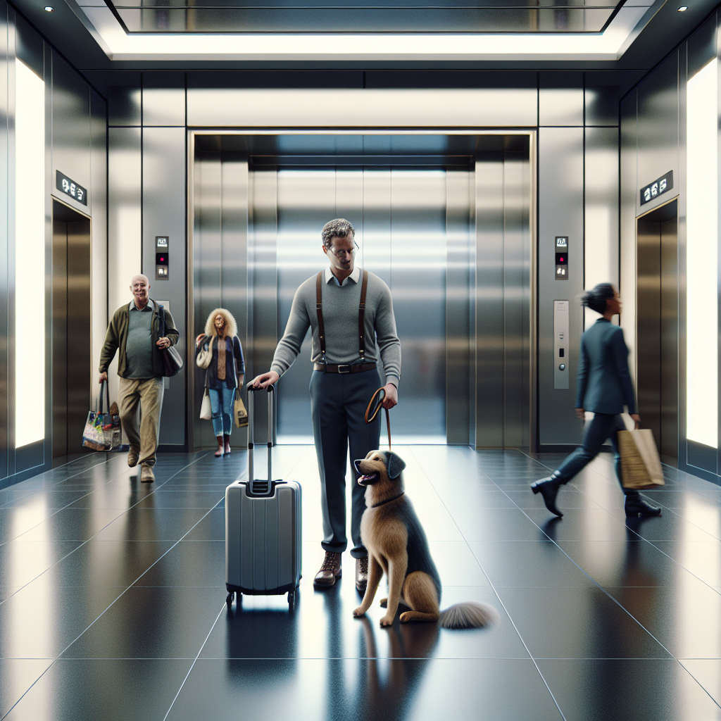 SMDT guiding a calm dog on a loose lead near opening lift doors inside a UK shopping centre