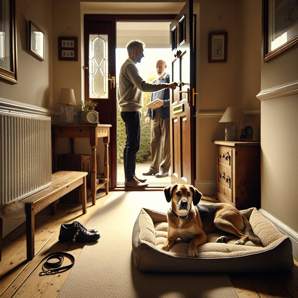 Dog holding a calm down on a place bed as a trainer opens the front door in a UK home