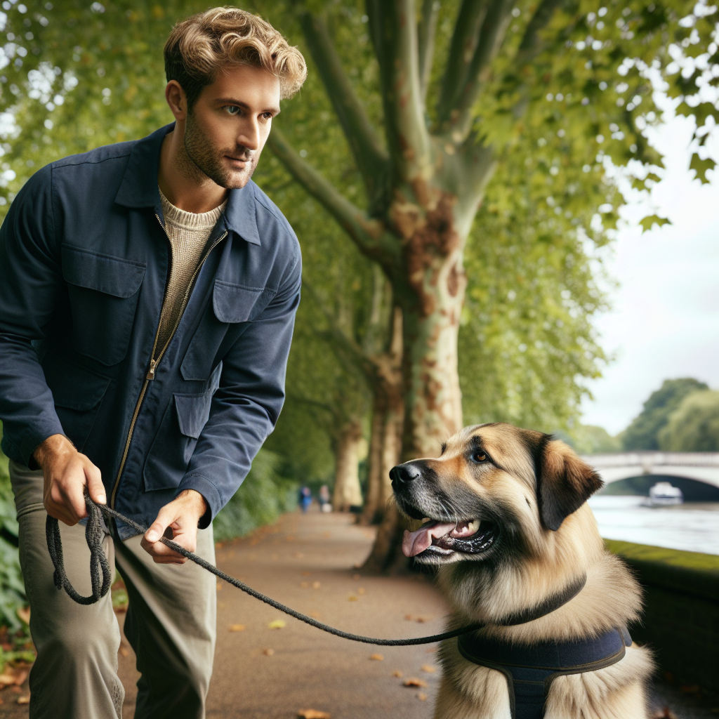 Trainer practising loose lead walking and recall with a mixed-breed dog on a leafy riverside path