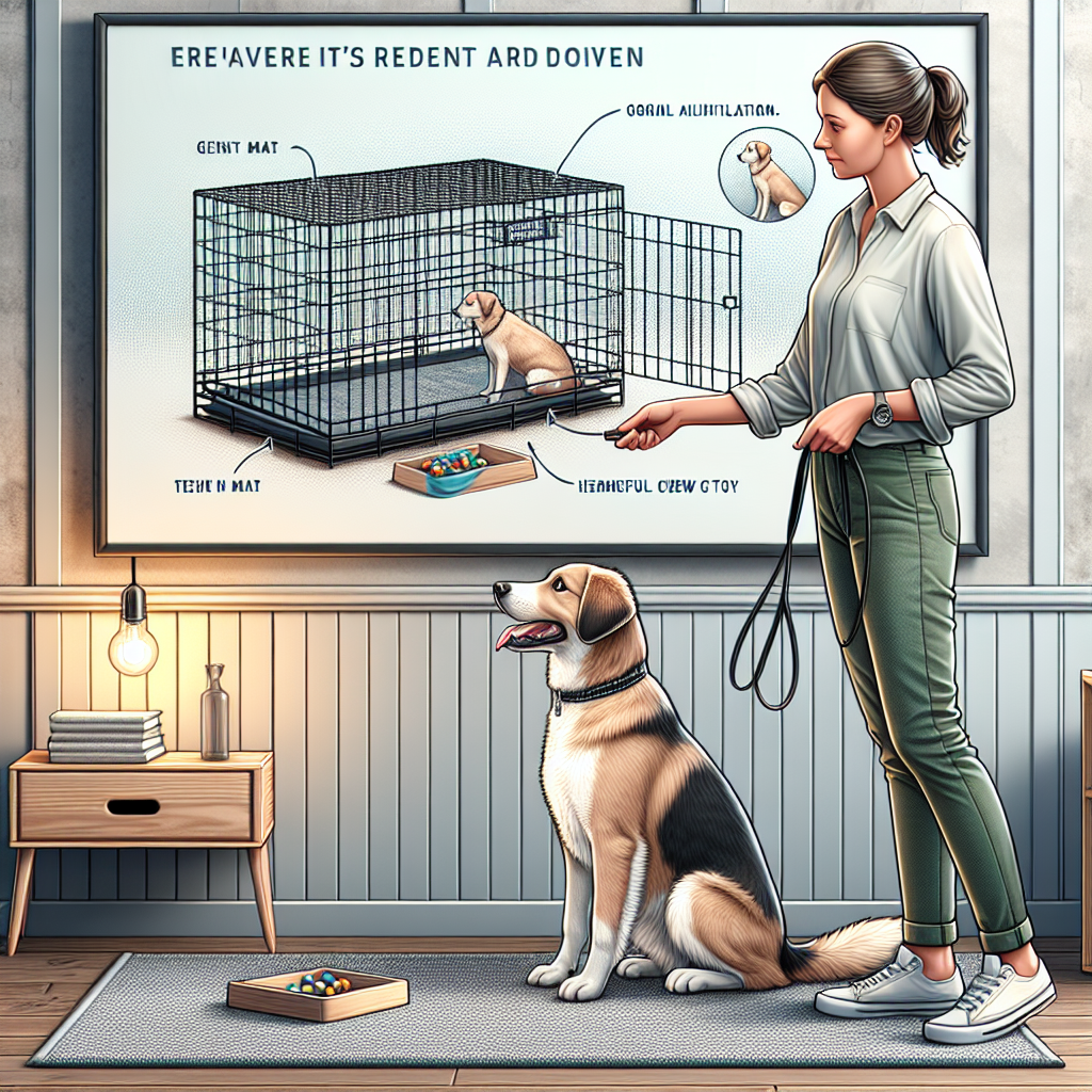 Trainer guiding a calm mixed breed dog to settle in a wire crate in a UK home