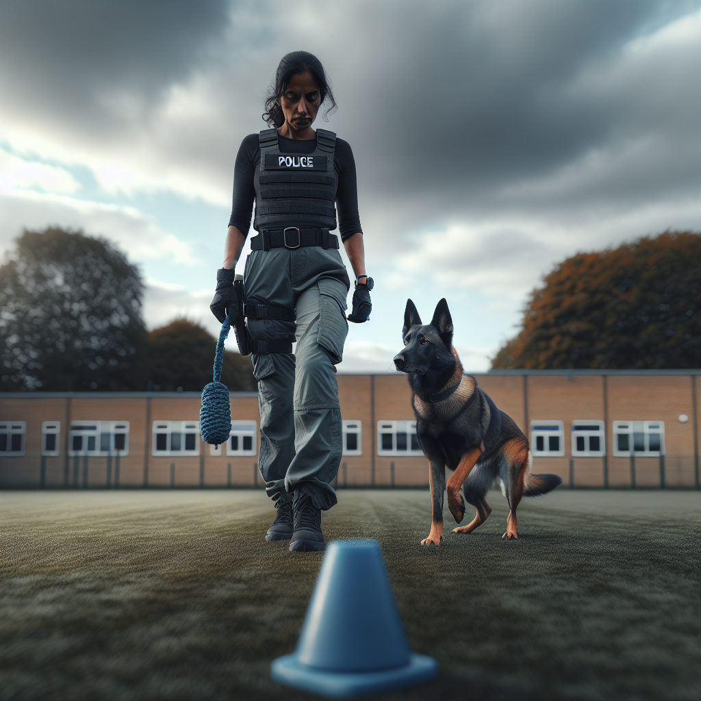 Trainer and Malinois practising IGP heeling with a tug placed ahead as a distance reward on a UK field