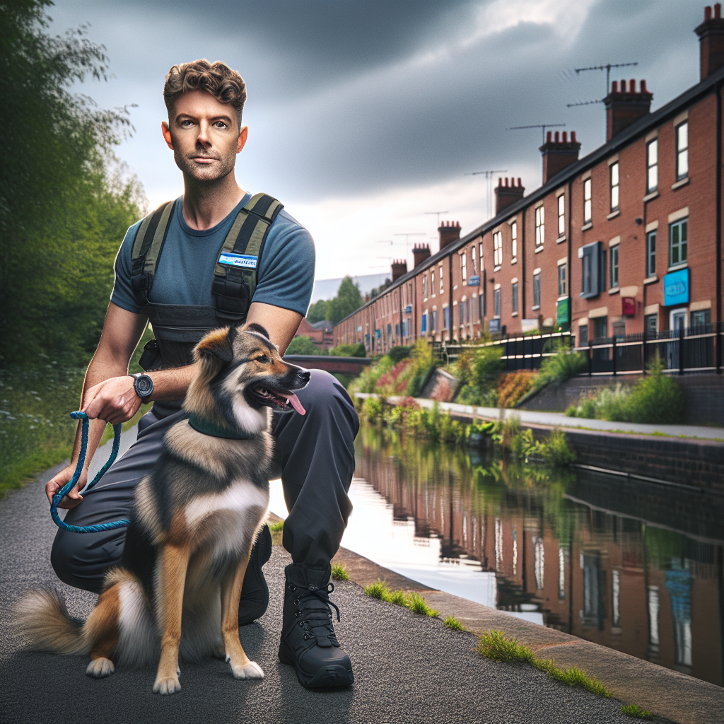 Trainer practising loose lead walking with a mixed breed dog near a canal path in Tipton