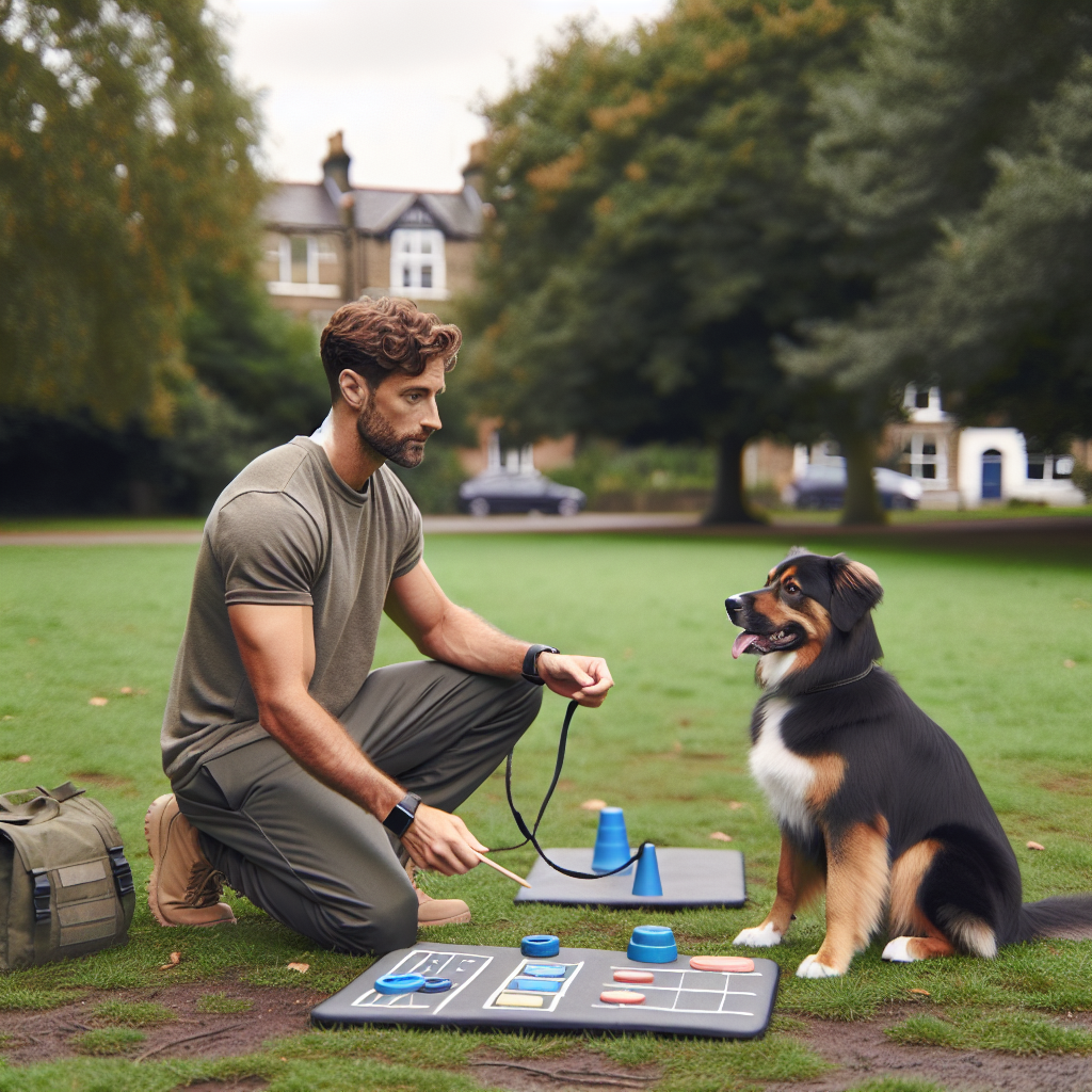 Smart trainer building multi phase dog mental endurance with a focused dog in a UK park