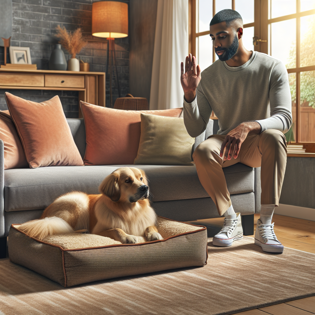 Dog relaxing on a raised bed beside a sofa while a trainer guides calmly with a house line in a UK living room