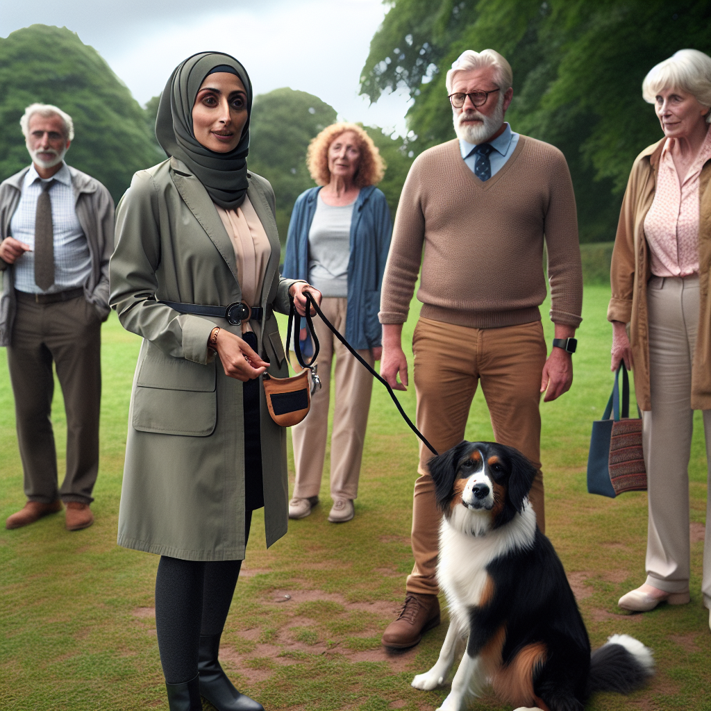 Smart trainer guiding a family and their dog on loose lead walking and recall in a leafy Hazlemere-style village green