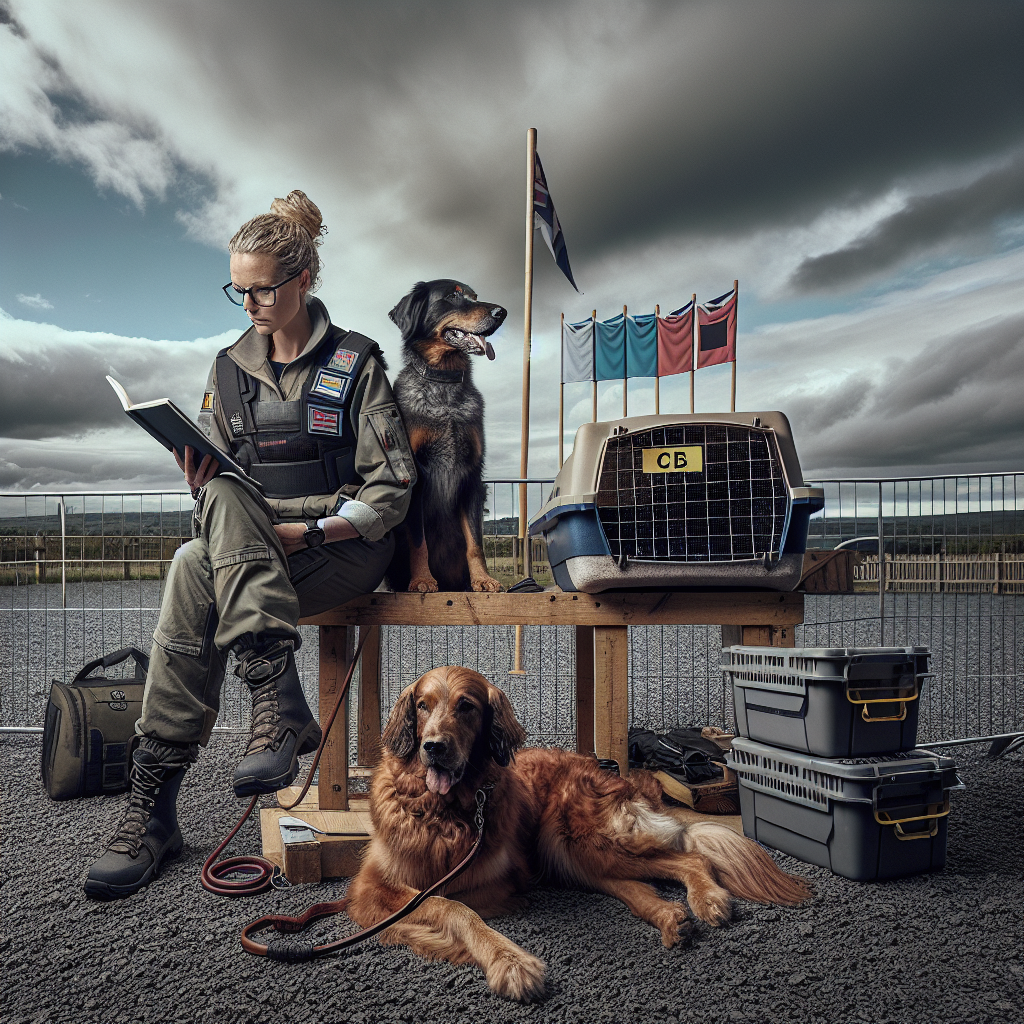 Handler and working dog resting by a ring with crate and gear during a UK trial day