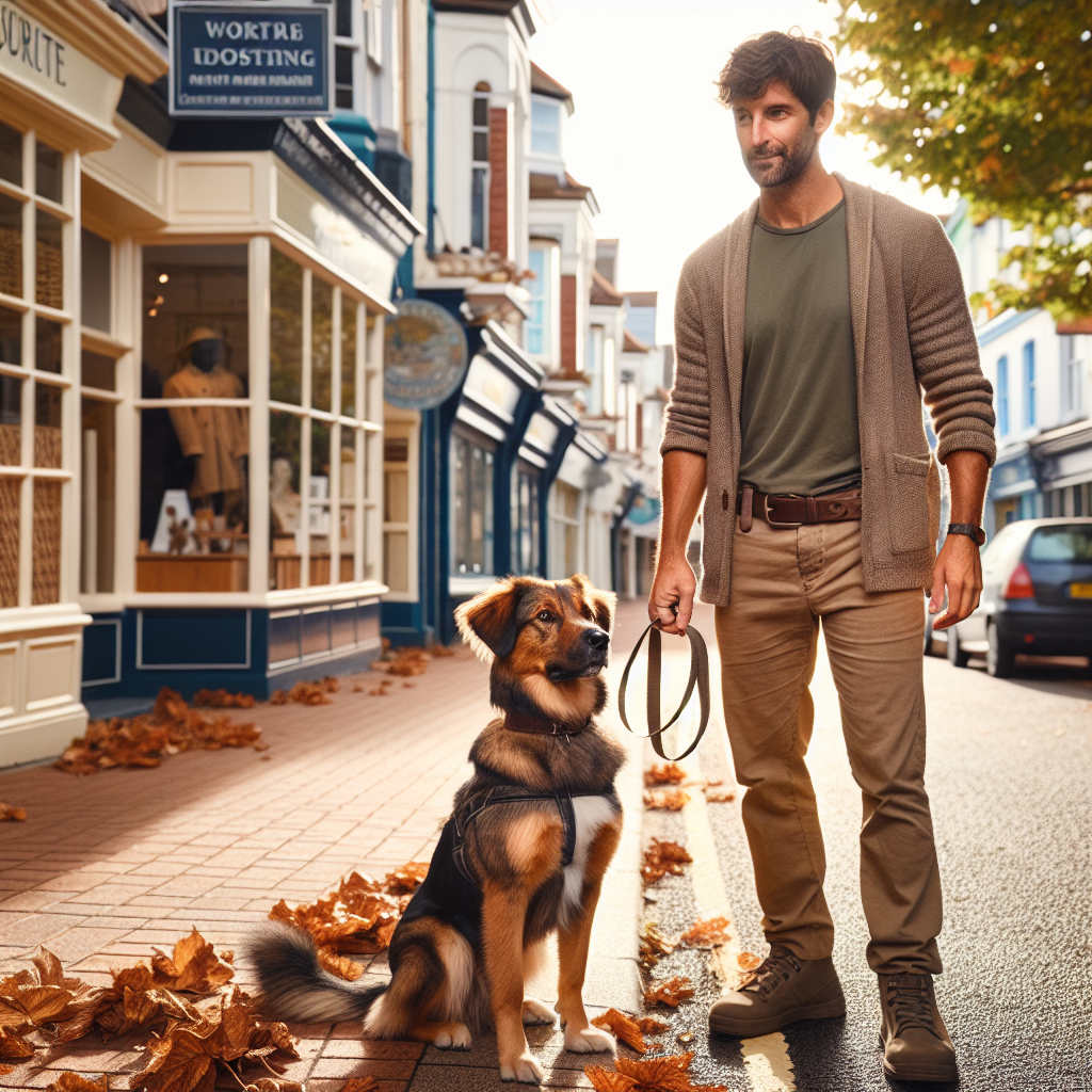 Smart trainer practising loose lead and recall with a mixed-breed dog on a leafy Westbourne street