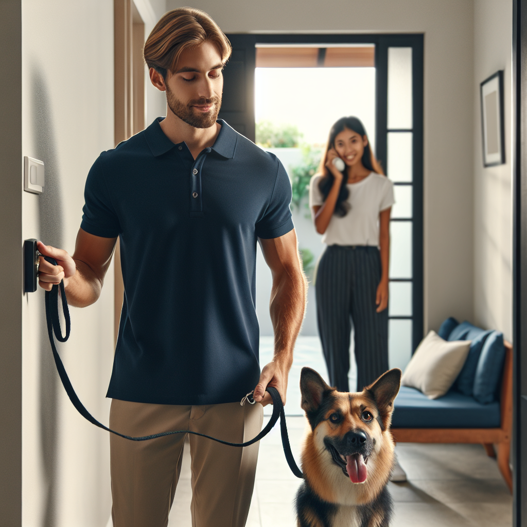 Trainer guiding a relaxed dog to a place bed while the doorbell rings in a bright UK home