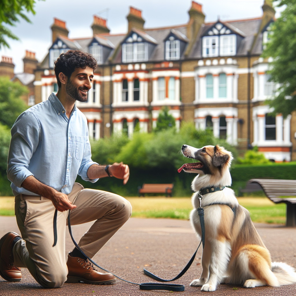 Trainer teaching loose lead walking and recall with a mixed breed dog in a Luton park