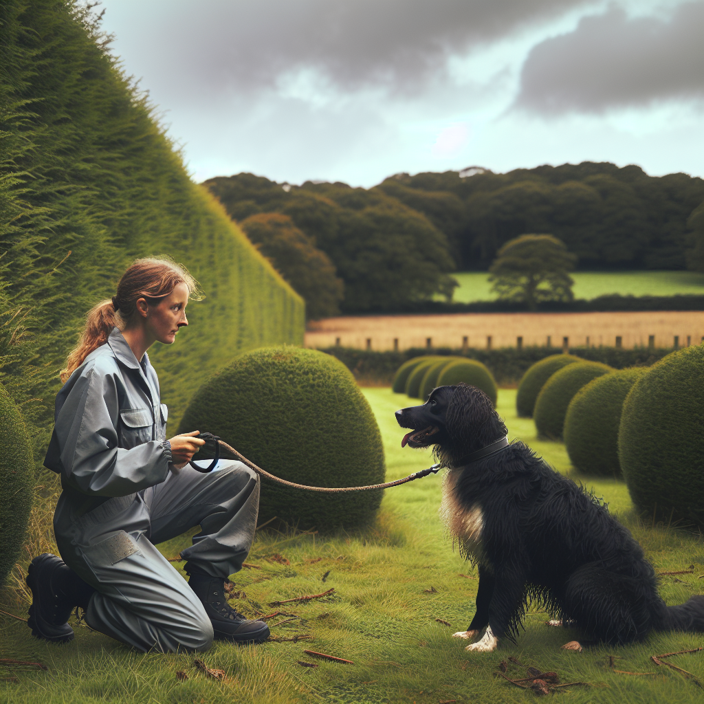 UK trainer guiding a scent-driven dog through heel and a structured search on a long line in a grassy park