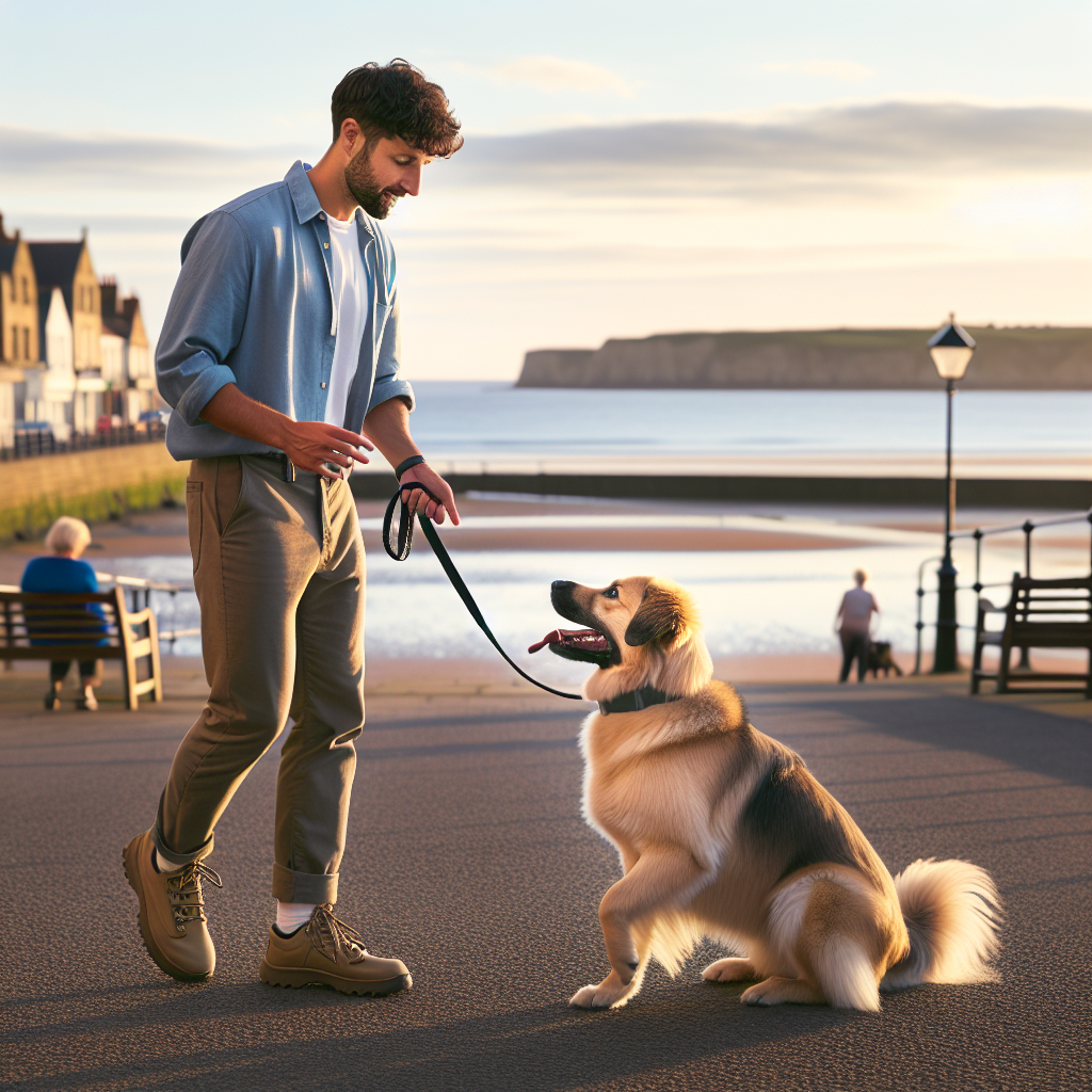 Trainer teaching loose lead walking with a focused dog on a coastal promenade in South Shields at sunset