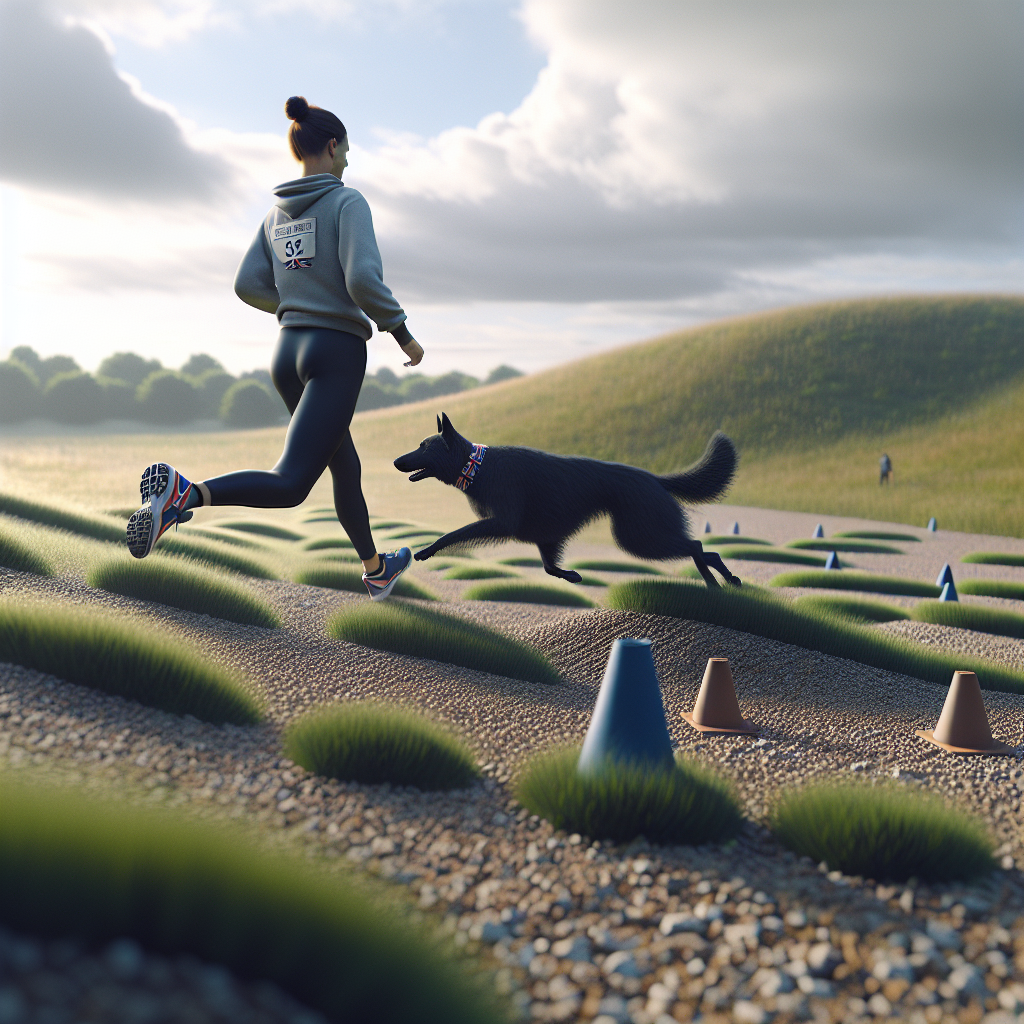 IGP handler and working dog practising heelwork footwork on a sloped field with gravel patches