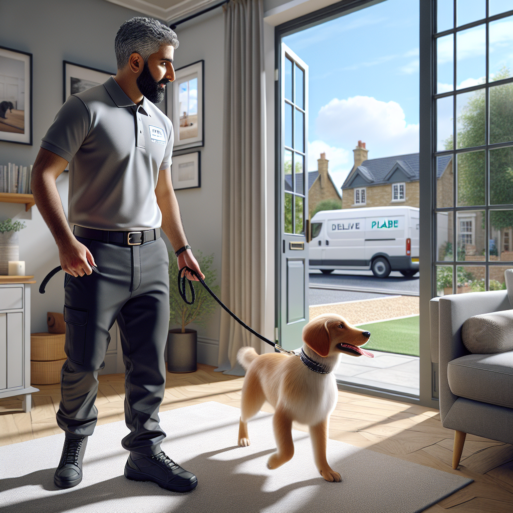 Trainer guiding a calm dog from a window to place while a van passes outside
