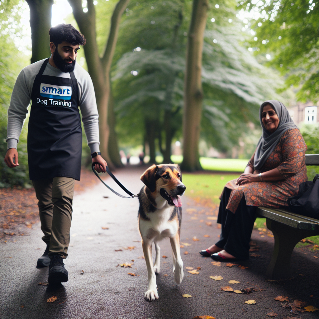 UK dog trainer practising loose lead walking with a mixed-breed dog in a leafy urban park
