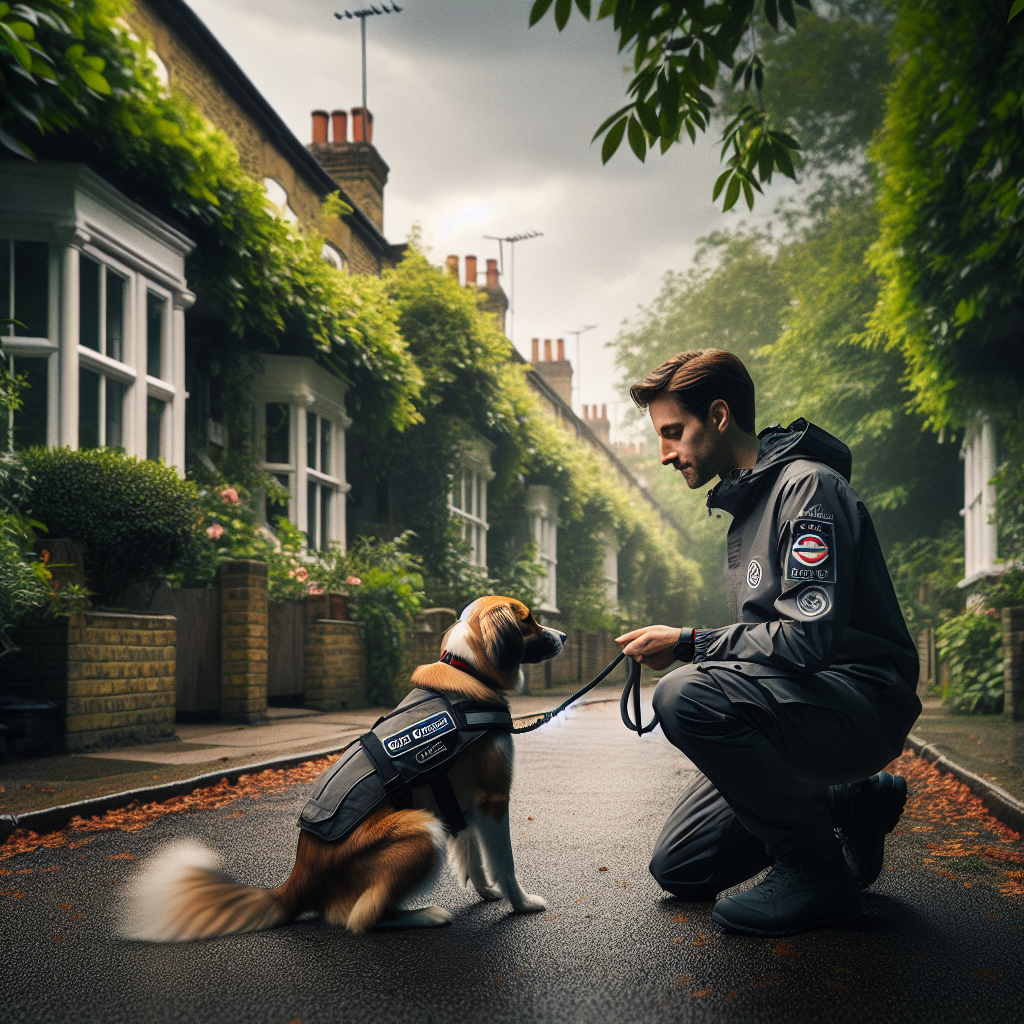 Trainer and dog practising heel and recall on a leafy Barnet street