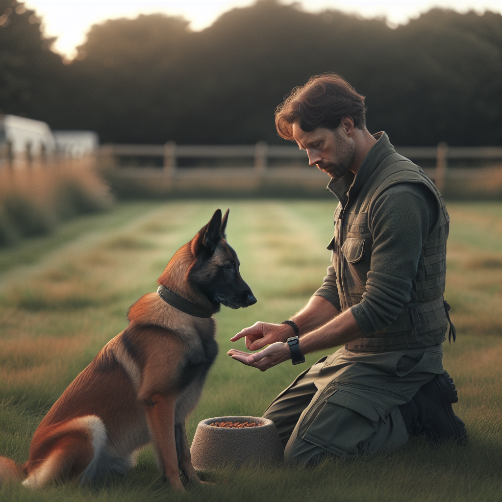 Trainer places a mid field reward bowl as a Malinois heels with focus on a UK training field