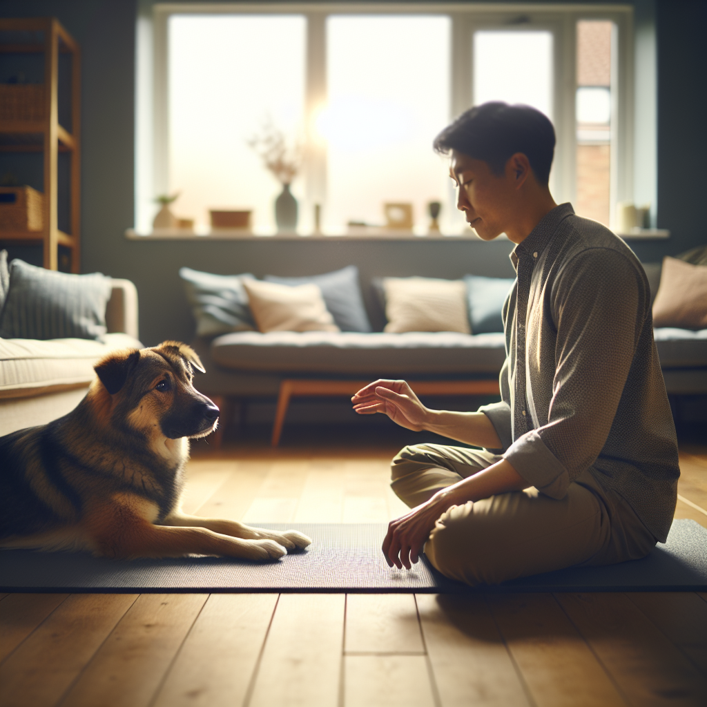 Trainer calmly ending a session with a dog in a down-stay on a mat in a UK living room