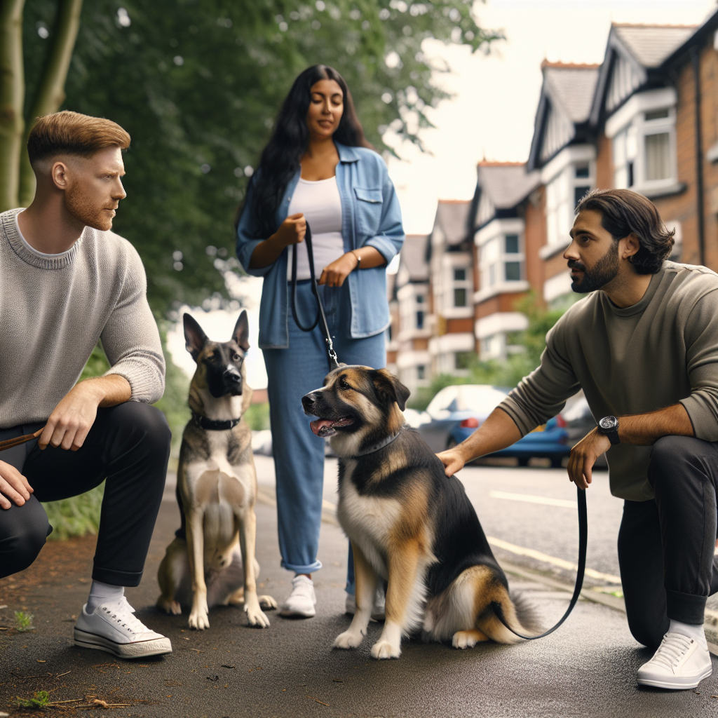 Smart trainer guiding a family and their dog on lead walking and recall along a leafy UK town path