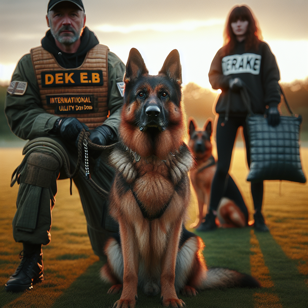 German Shepherd in IGP calmly recovering beside trainer after clean out with helper in background