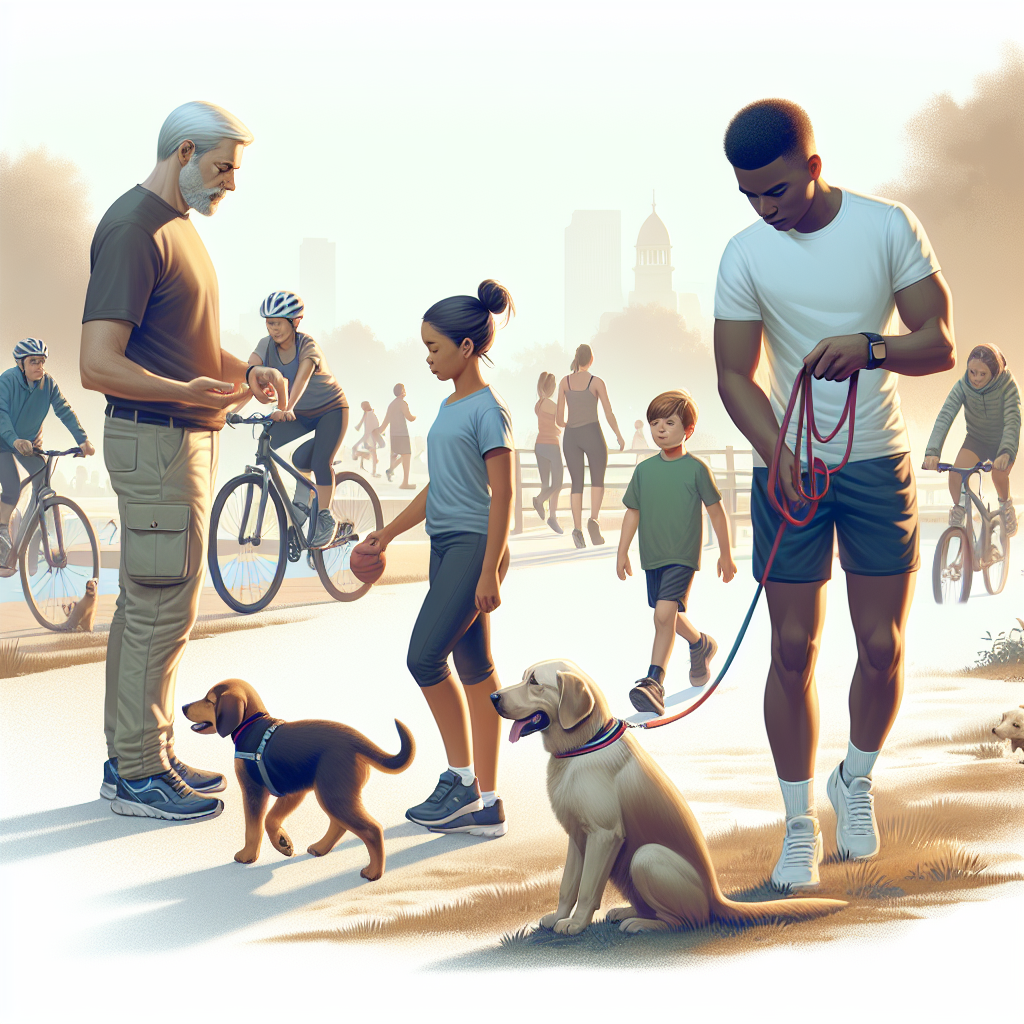 UK trainer guiding a mixed-breed dog to focus during a loose lead walk near cyclists and children in a park
